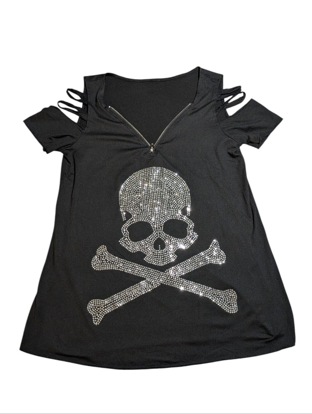 Rhinestone Skull And Crossbones Zipper Top M